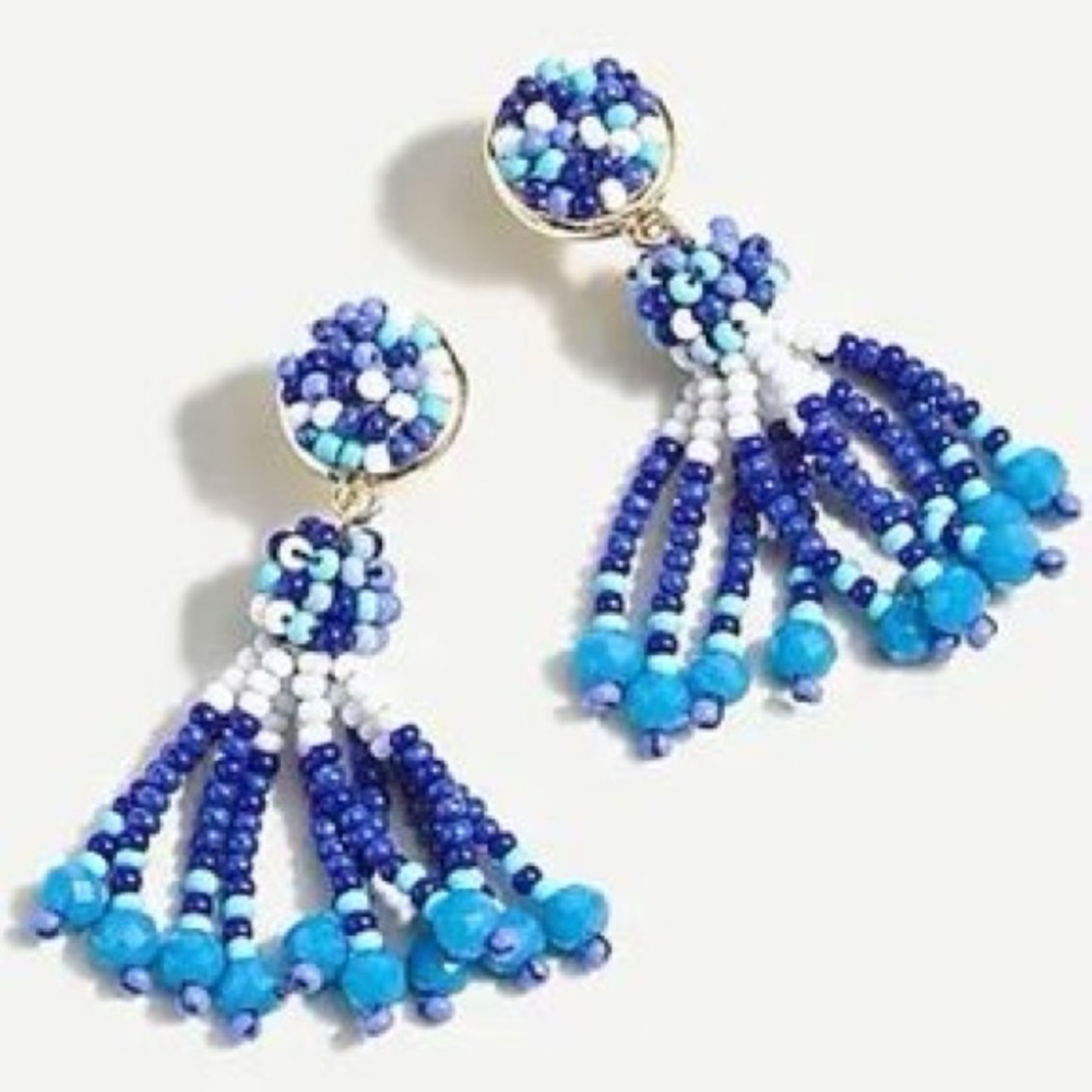 NWT J.Crew Blue Tassel Boho Beaded Drop Statement Earrings